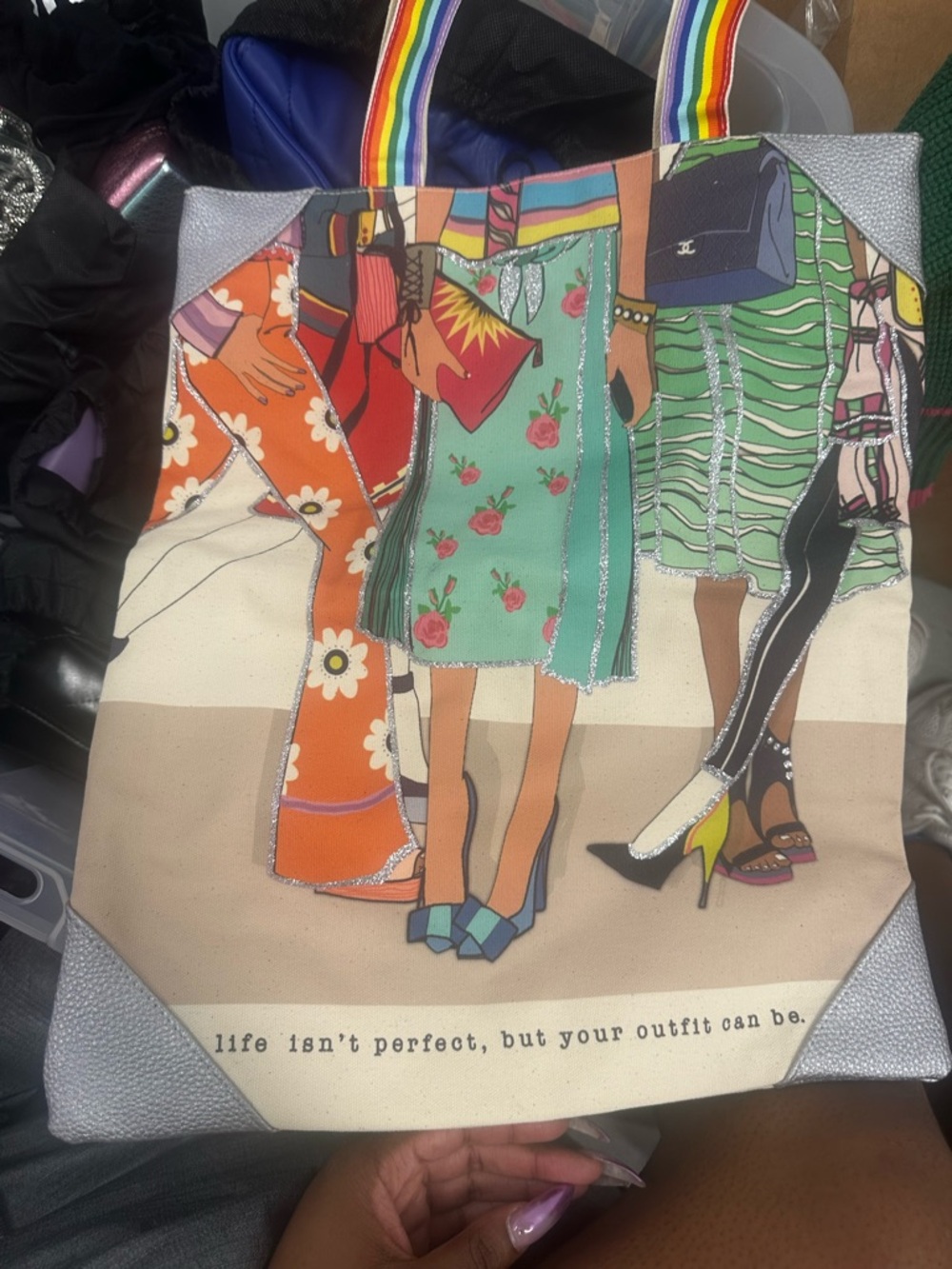 Illustrated Fashion Tote Bag with Rainbow Straps - Multicolor